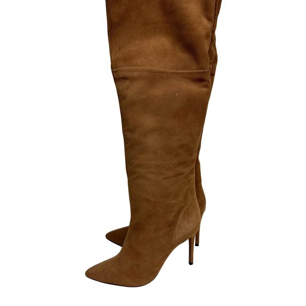 Schutz Anamaria Wood Brown Suede Pointed Toe Stiletto Heel Over The Knee Boot 7B